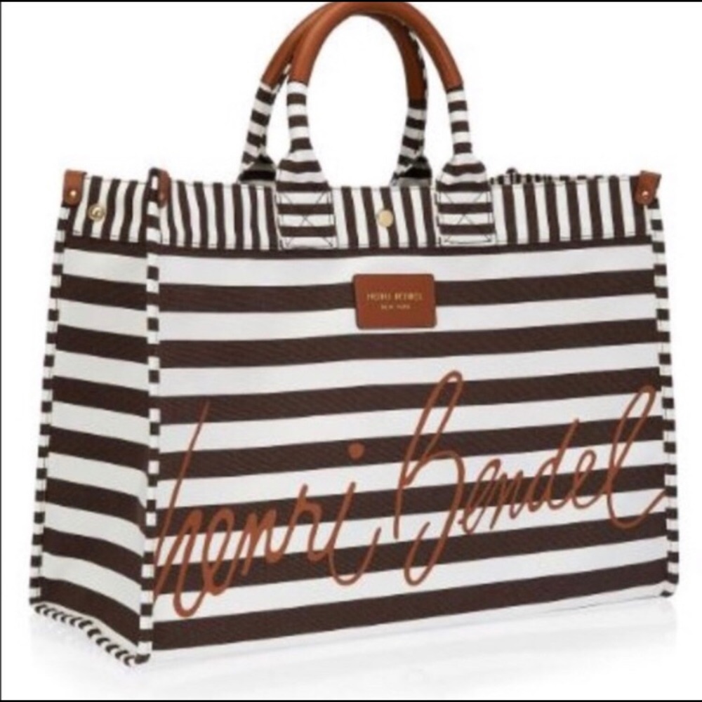henri bendel Brown and White Striped Canvas Tote with Tan Script